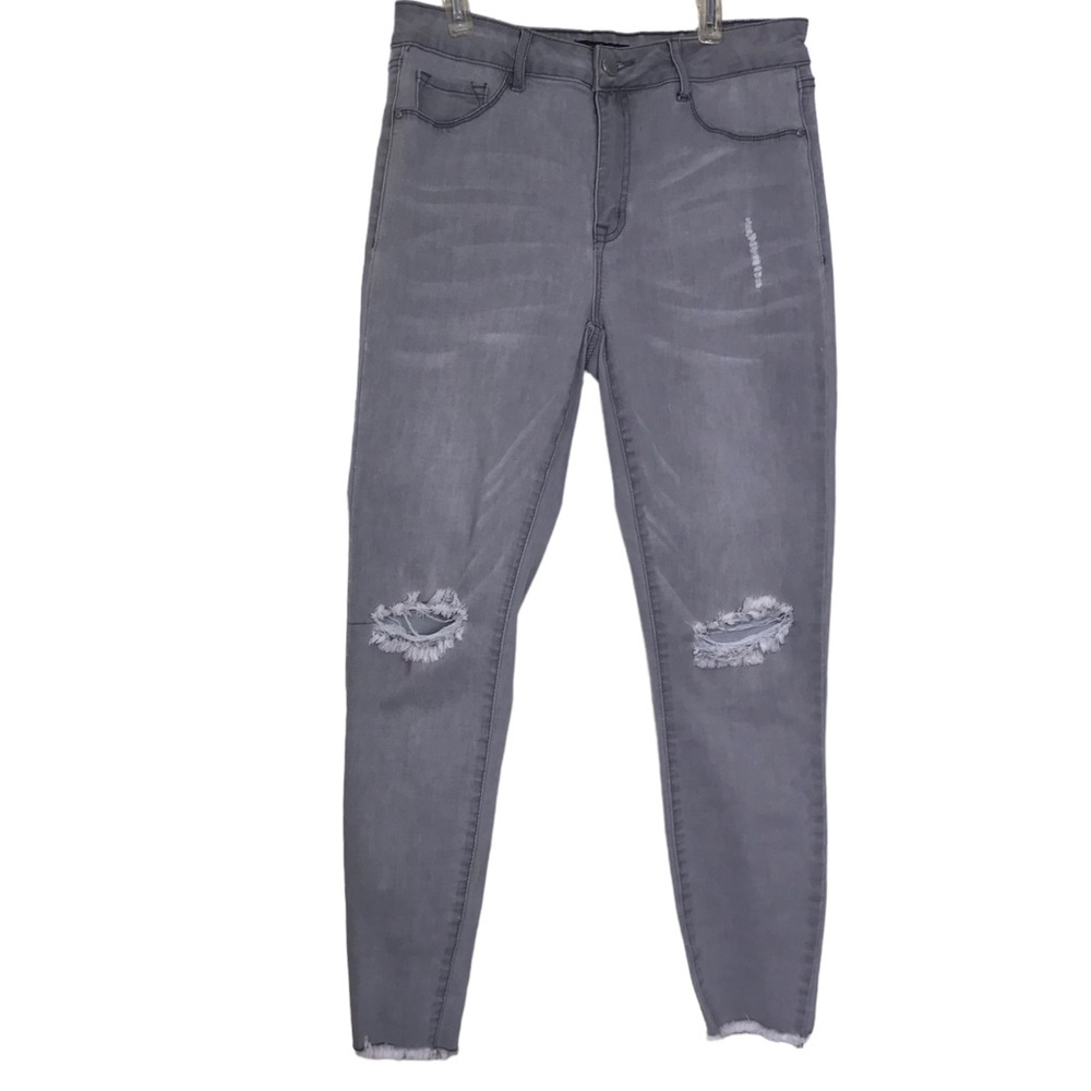 Refuge Jeans Gray Distressed Raw Hem Skinny Slim Stretch Med High Waist Straight